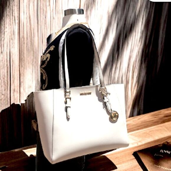 MICHAEL KORS LEATHER LT CREAM TOTE LAPTOP SHOULDER BAG WOMEN HANDBAGS - Picture 5 of 8